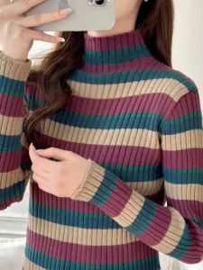 Autumn Winter Thickened Long Sleeve Pullover Striped Color Block Womens Knitwear Slimming Base Shirt Half High Collar Sweater