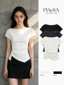 PIAOYA | Elegant Square Neck Short Sleeve Slim Waist Wrinkle Design Top For Women Summer New