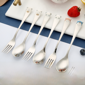 Long-Handled 304 Stainless Steel Spoon Cute Cartoon Fork Baby Feeding Spoon Engraved Words Creative Home Use Childrens Spoon