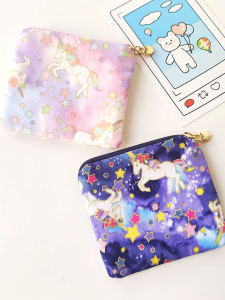 Cute Unicorn Zipper Coin Purse Womens Cotton Fabric Mini Money Bag Korean Style Cartoon Print Youth Fashion Hard Coin Wallet