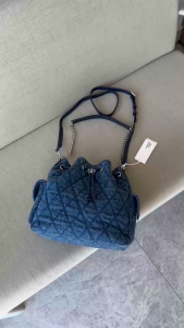 Denim Quilted Drawstring Bucket Bag Genuine Cow Leather Removable Shoulder Strap Multi‑Way Handbag Crossbody Sling Bag