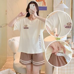 คลอดบุตร ชุดนอน แขนสั้น กางเกงขาสั้น ฤดูร้อน ชุดให้นมแบบบางขนาดใหญ่ตั้งครรภ์ ผู้หญิง เสื้อผ้าบ้าน สิงหาคมให้นม