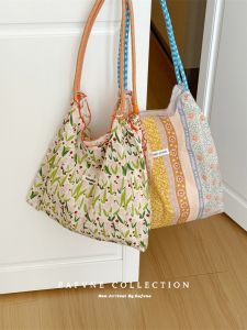 Romantic French Canvas Shoulder Bag with Rope Crossbody Tote Cotton Cloth Handbag Casual Style Soft Canvas Bag for Daily Use