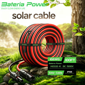 BateriaPower 10AWG Solar Extension Cable Tinned Copper PV Wire for Solar Controller Solar Panels 100FT Cable with Connector Solar Wire Cable With 1Pair Black & Red MC4 Female and Male Connector