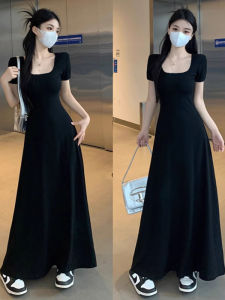 French Hepburn Style Black Bodycon Dress Women Summer High-End Slimming Short Sleeve T-Shirt Long Dress Elegant Waist-Cinching