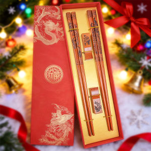 2 Pairs Chinese Dragon Phoenix Wooden Chopsticks Premium Gift Set with Stand for Wedding Christmas Valentine‘s Thanksgiving