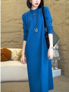 Blue Knitted Slimming Dress Half High Collar Wool Thickened Autumn Winter Fashion Womens Premium Style Long Sleeve A-Line Gown