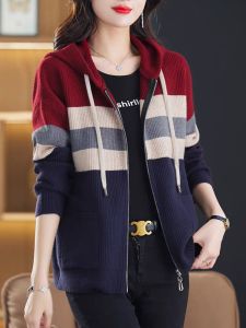 เสื้อคาร์ดิแกนถักมีซิปสำหรับผู้หญิง ฤดูใบไม้ผลิและฤดูใบไม้ร่วง เสื้อคลุมกันหนาวแบบมีฮู้ด ไซส์ใหญ่ แขนยาว ปกติ