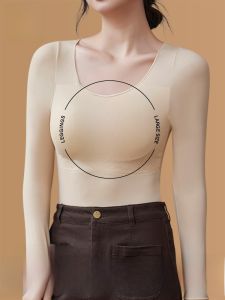 Miiow | Warmth Innerwear Top For Women With Chest Pad No Bra Needed Skin-friendly Autumn Clothes Long Sleeve Round Neck Sweet Style