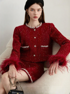 D-PLAY | Red Winter Coat Tweed Two-piece Set