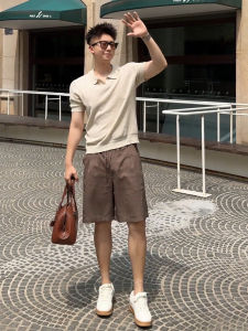 Bộ Áo Polo Cổ Tim và Quần Short Mùa Hè Phong Cách Sang Trọng Chất Liệu Giống Linen