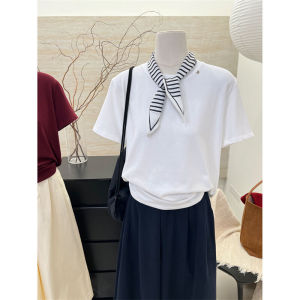 Korean Style Short Sleeve T-Shirt Womens Shoulder Silk Tie Brushed Cotton Base Shirt Top Unique Exquisite Commute Fashion