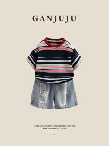BOGUXIONG | Striped Short Sleeve Denim Set Boys Lightweight Two Piece