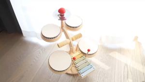 Hntob Wooden Drum Set Music Kit All in One Montessori Musical Station Instruments Toddler Toy