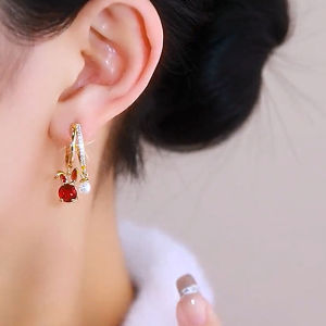2025 New Year Rabbit Ear Jewelry Red Pearl Zircon Earrings Fashionable Ethnic Style Constellation Zodiac Gold Plated Gemstone