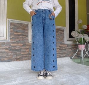 CELANA KULOT JEANS WANITA BIDEL TERBARU MOTIF LOVE UKURAN STANDAR SIZE XL BISA MAKSIMAL BB 70KG / CELANA WANITA KULOT SNOW JEANS KANCING BELAKANG KARET / KULOT JEANS HIGH WAIST PREMIUM MURAH