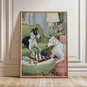 Funny Dog Art Print Whippet and Dalmatian Playing Chess Painting Quirky Animal Wall Decor Vintage Style Interior Art