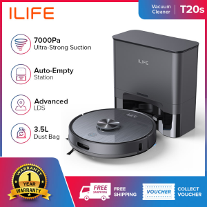 [SG Stock] ILIFE T20s Robot Vacuum Cleaner with Dust Collection Base Station Laser navigation App Remote Control Black Color Schedule Planned Routing Cleaning up to 7000Pa Suction Power 2.5L Dust Collection Bag Voice Prompts