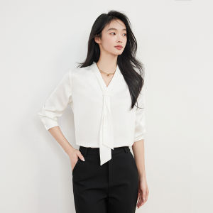 Professional Long Sleeve V-Neck Shirt Womens White Blouse for Autumn Commuting French Style Interview Workwear Suit Top