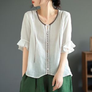 Ramie V-Neck Embroidered Oversized Short Sleeve T-Shirt