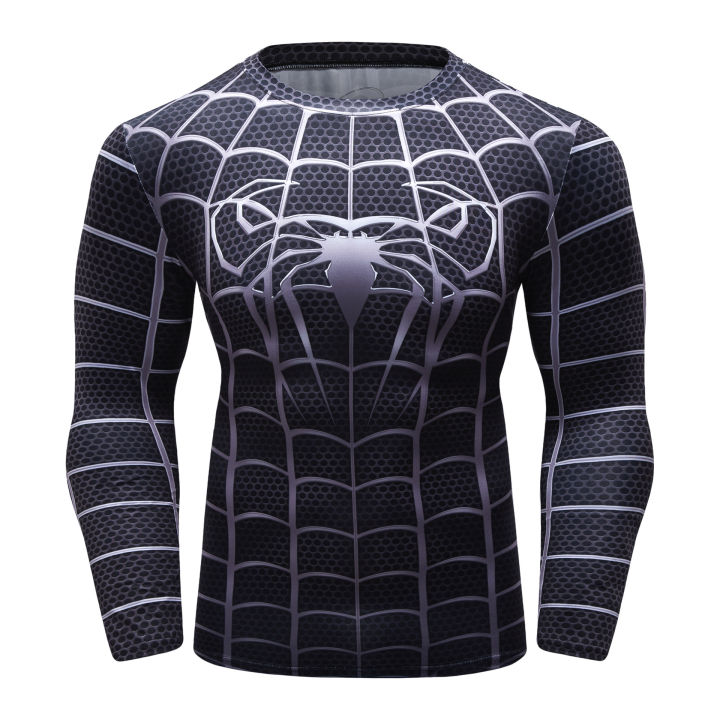 Quick Dry Elastic Fitness Clothing Long Sleeve Spiderman Venom Suit Men's Training Shirt Breathable Moisture Wicking Running Gym Workout Training Wear