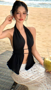CR_ Set đi biển beachwear nữ tính outfit resort vibes set áo yếm lưng trần nhún eo Lưới có lót mix chân váy Ren dài đuôi cá
