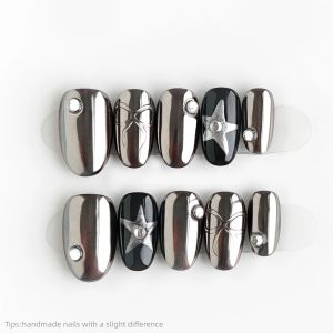10pcs Y2k Handmade Silver Black Star Bow Press on Nails Square Short Wearable Reusable Trendy False Nails 2026 for Street Style