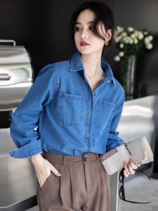 Retro Blue นุ่ม เดนิม เสื้อเชิ้ต เสื้อแจ็คเก็ต ผู้หญิง หลวม All-Match Small Size Base Inner Wear เสื้อท่อนบน Layered Upper Body