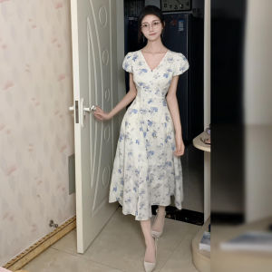 Floral Print V-neck Bubble Sleeve Slimming Waist Summer Dress Womens Long Skirt Sweet Style High Waist A-line Cotton Dress