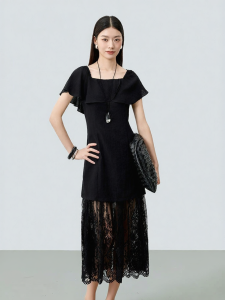 INLIFE | Off-Shoulder Square Neck Two-Way Lace Panelled Waist Slimming Dress