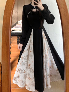 ชุดเดรสยาวปานกลางสไตล์จีนใหม่พร้อมกระดุม ชุดราตรีสุดหรูสำหรับผู้หญิง ชุดเดรสยาวเอวสูง แขนยาว คอตั้ง