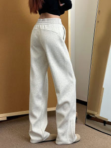 Womens Sporty Fleece Lined Thickened Straight Leg Slimming Wide Leg Casual Pants High Waist Elastic Waistband Korean Style