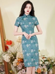 Elegant Slimming Chinese Cheongsam Dress Large Size Mom Improved Version Retro Style Performance Dress Floral Pattern Short Sleeve