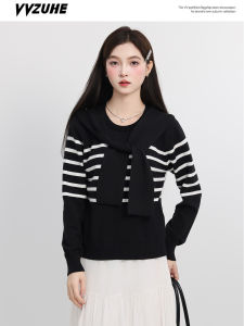 Korean Style Vintage Striped Long Sleeve Knitted Sweater Women Loose Design Slimming Versatile Shoulder Wrap Belted Top
