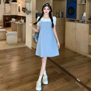 Plus Size Tummy Concealing Suspender Dress Fake Two-Piece Design