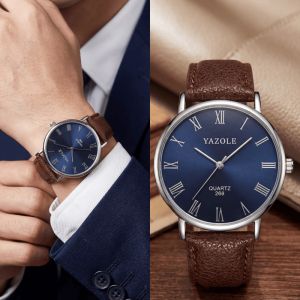 Jbaili | YAZOLE Fashion Mens Quartz Watch Ultra Thin Roman Numeral Dial Leather Band Man Watches Casual Business Male Clock Reloj Hombre