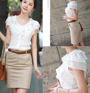 White Short Sleeve Womens Shirt Korean Style Slim Fit Office Wear Summer Fashion Top Polyester Material Pure Color Commute