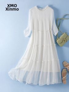 XMO | White Concealing Comfortable Silk Dress