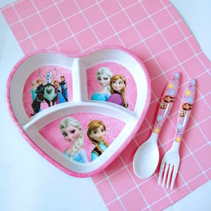 Princess Elsa Heart Shaped Childrens Dinner Plate Food Grade Girl Baby Cartoon Partition Three Grids Tableware Spoon