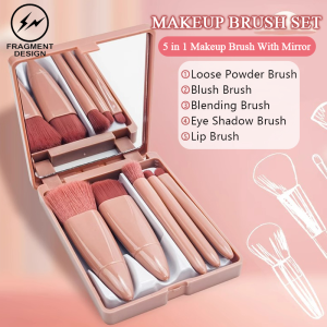 F&D 5 In 1 Makeup Brush Set with Mirror Blush Powder Brush Travel Kit Portable Mini Beauty Make Up Tool