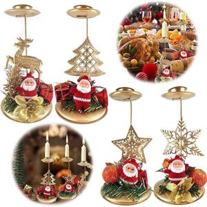 Quivlox Metal Santa Claus Candle Holder Elk Christmas Tree Candlestick with Ornament Xmas Table Centerpieces Living Room Decor