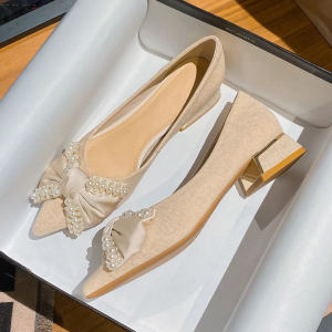 Womens Chunky Heel Shoes with Skirt French Pearl Soft Bottom Boat Shoes Small Size 32 33 34 plus Size Pumps 41-43 Autumn