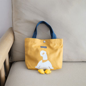 Adorable Large Canvas Duckling Tote Bag: Cute Cartoon Animation Pattern Soft Shoulder Satchel with Zipper Pocket for Casual Use