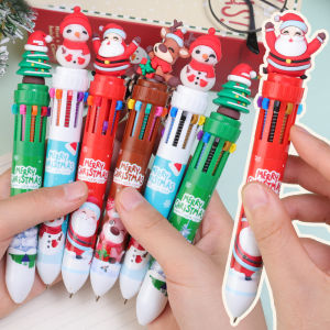 Mini Christmas Press Pen 10-Color Ballpoint Pen Cartoon Santa Claus Snowman Press Christmas Childrens Stationery Gifts