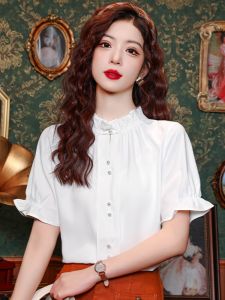 Áo Sơ Mi Trắng Tay Ngắn Xếp Ly Kiểu Pháp Cho Nữ Mùa Hè 2024 Cổ Bồng Tay Áo Phong Cách Mới Thường Ngày Chất Liệu Khác