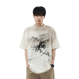 MRNEARLY American Graffiti Dirty Dyeing Loose Fit Short Sleeve T-Shirt for Men Retro Half Sleeve Top Couple Matching Streetwear