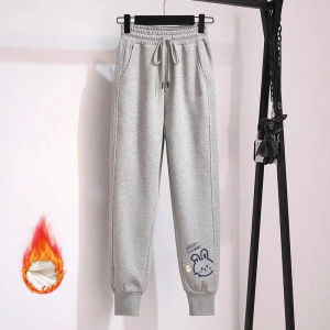 Grey Fleece Lined Harlan Womens Sport Pants Loose Fit Casual Trousers Autumn Winter High Waist Nine Points Elastic Waistband