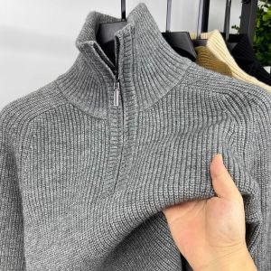 High Collar Sweater Mens Knittedwear Autumn Winter Solid Color Casual Slim Fit Base Shirt Half Zip Can Flip Tassel Design