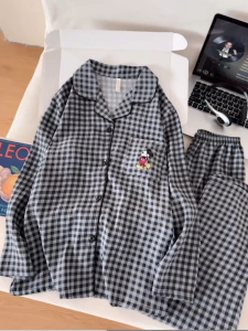 Korean Casual Soft Cotton Womens Black Plaid Mickey Print Pajama Set - Breathable and Comfortable Wearable Loungewear