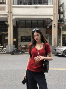 Slim Fit Short Sleeve T-Shirt Womens V-Neck Red Top Summer Fashion Shoulder Design Casual Comfortable Cotton Blend Tee